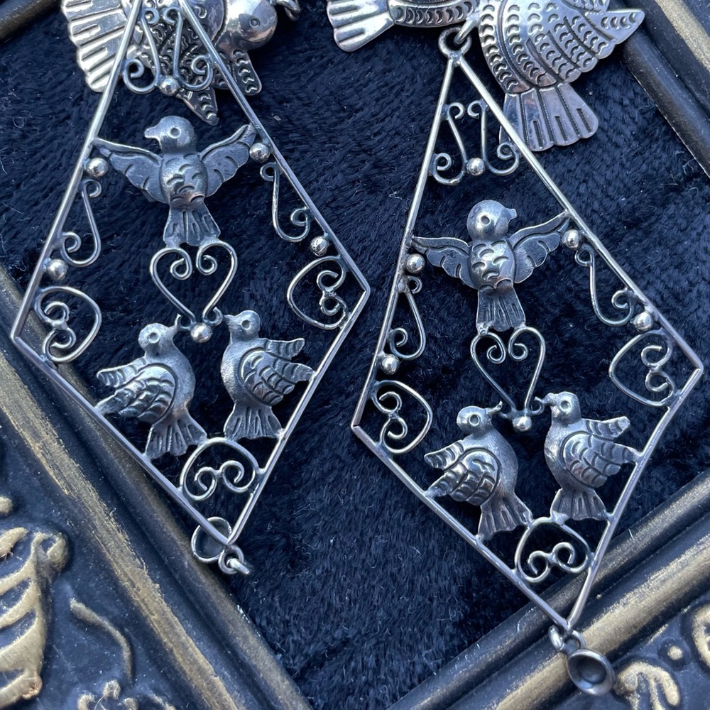 Mexican Sterling Silver Filigree Bird Earrings 925 - Picture 2 of 7
